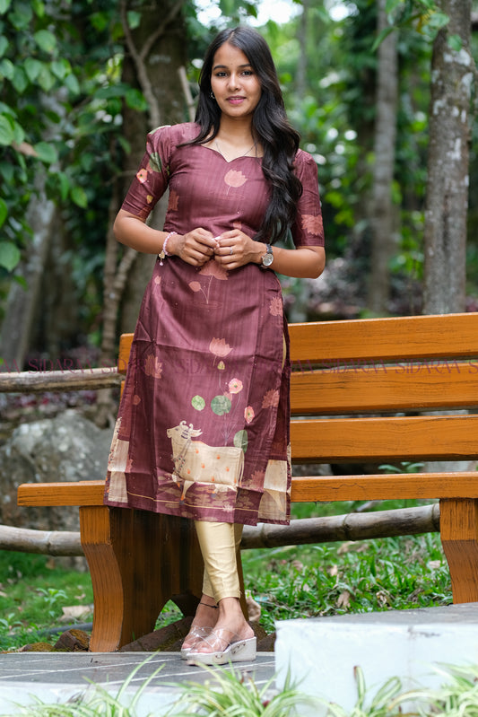 Pichwai Maroon , Kollam Silk Kurta - ST-035