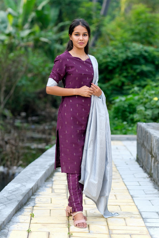 Purple Silver Silk Salwar Set - ST-016