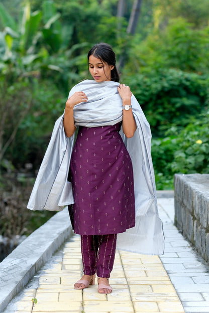 Purple Silver Silk Salwar Set - ST-016
