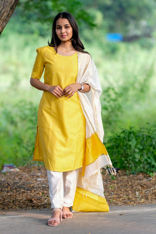 Yellow Cream Silk Salwar Set - ST-017